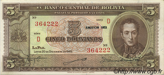 5 Bolivianos BOLIVIEN  1945 P.138c fST