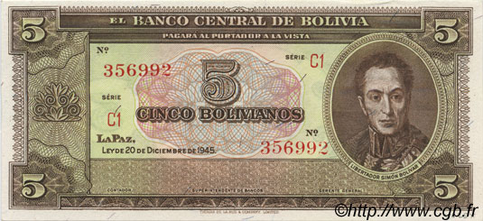5 Bolivianos BOLIVIA  1945 P.138d SC+