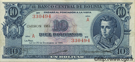 10 Bolivianos BOLIVIEN  1945 P.139a fVZ
