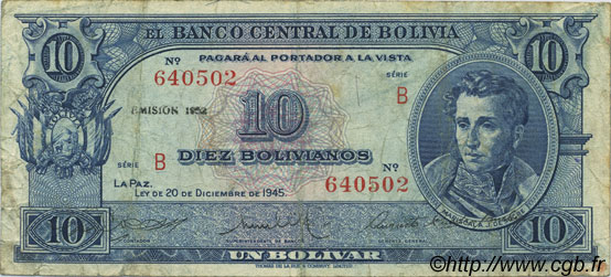 10 Bolivianos BOLIVIEN  1945 P.139b S