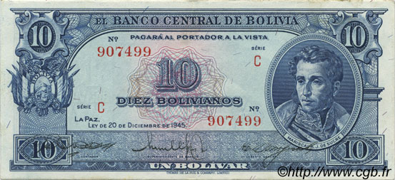 10 Bolivianos BOLIVIA  1945 P.139c XF