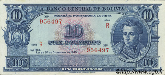 10 Bolivianos BOLIVIA  1945 P.139d q.FDC