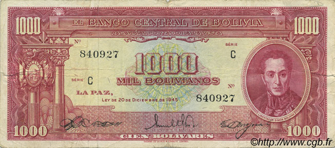 1000 Bolivianos BOLIVIA  1945 P.144 F