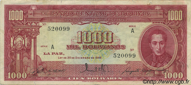 1000 Bolivianos BOLIVIA  1945 P.144 BB