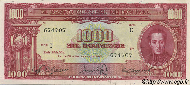 1000 Bolivianos BOLIVIEN  1945 P.144 fST