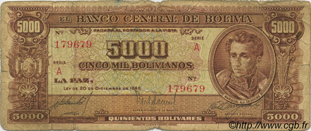 5000 Bolivianos BOLIVIA  1945 P.145 G