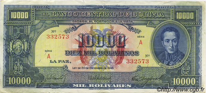 10000 Bolivianos BOLIVIEN  1945 P.146 fVZ