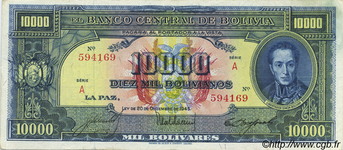 10000 Bolivianos BOLIVIEN  1945 P.146 fST