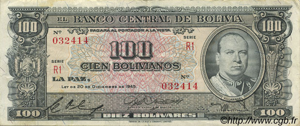 100 Bolivianos BOLIVIEN  1945 P.147 SS