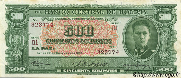 500 Bolivianos BOLIVIEN  1945 P.148 VZ