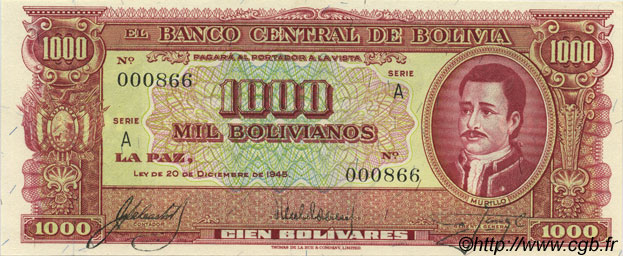 1000 Bolivianos BOLIVIEN  1945 P.149 ST