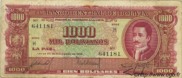 1000 Bolivianos BOLIVIA  1945 P.149 BC