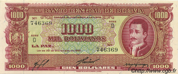 1000 Bolivianos BOLIVIEN  1945 P.149 fST