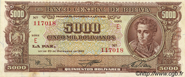 5000 Bolivianos BOLIVIA  1945 P.150 q.SPL