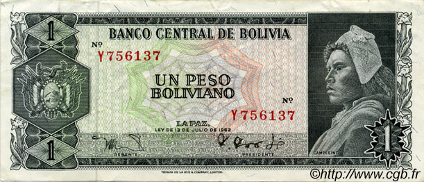 1 Peso Boliviano BOLIVIA  1962 P.152a VF