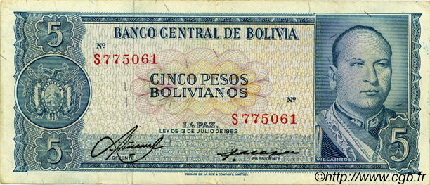 5 Pesos Bolivianos BOLIVIEN  1962 P.153a fVZ