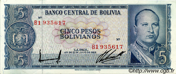 5 Pesos Bolivianos BOLIVIA  1962 P.153a AU