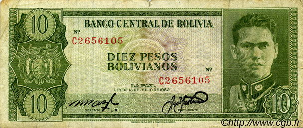 10 Pesos Bolivianos BOLIVIA  1962 P.154a F