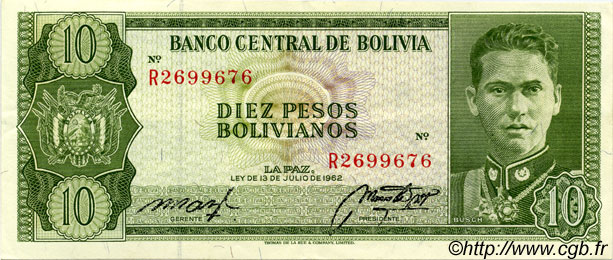 10 Pesos Bolivianos BOLIVIA  1962 P.154a BB to SPL