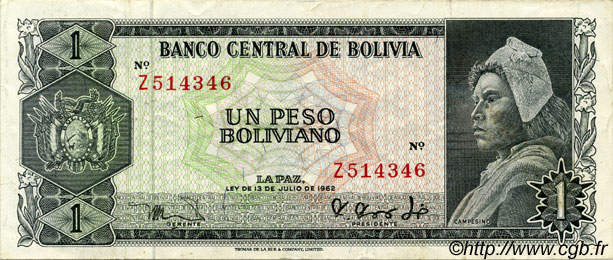 1 Peso Boliviano BOLIVIA  1962 P.158a VF+