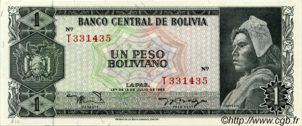 1 Peso Boliviano BOLIVIA  1962 P.158a AU+