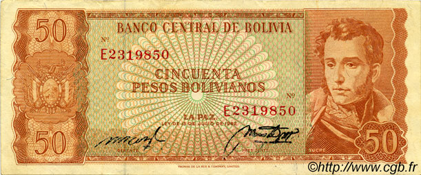50 Pesos Bolivianos BOLIVIE  1962 P.162a TTB