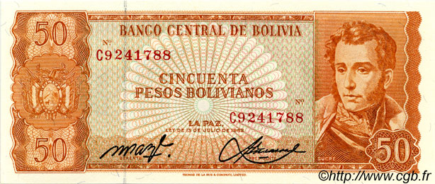 50 Pesos Bolivianos BOLIVIA  1962 P.162a UNC