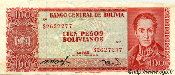 100 Pesos Bolivianos BOLIVIA  1962 P.163a MB a BB