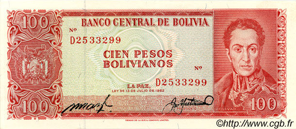 100 Pesos Bolivianos BOLIVIEN  1962 P.163a fST