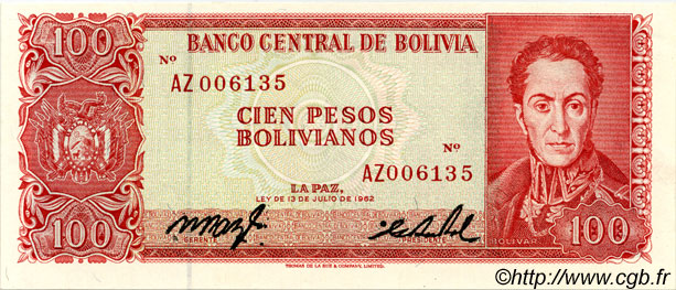 100 Pesos Bolivianos BOLIVIA  1962 P.163r FDC