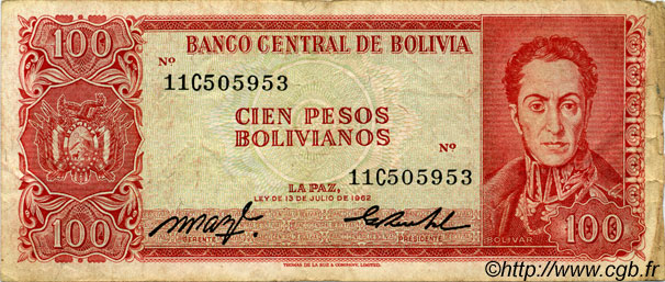 100 Pesos Bolivianos BOLIVIA  1962 P.164a F