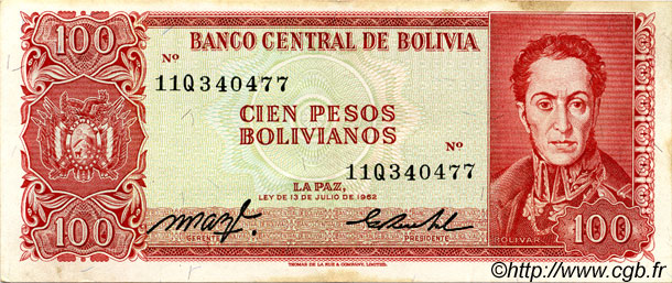 100 Pesos Bolivianos BOLIVIA  1962 P.164a SPL