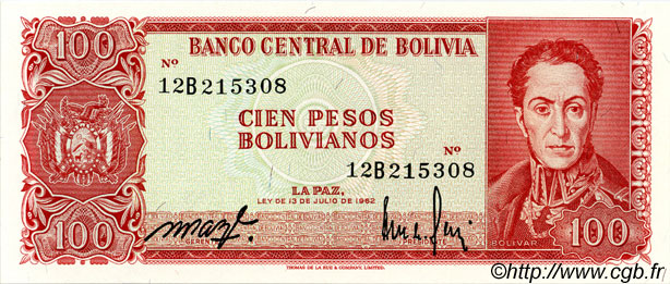 100 Pesos Bolivianos BOLIVIEN  1962 P.164a ST