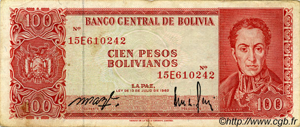 100 Pesos Bolivianos BOLIVIA  1962 P.164A BC