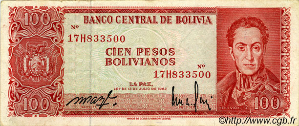 100 Pesos Bolivianos BOLIVIA  1962 P.164A VF