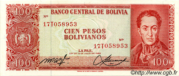 100 Pesos Bolivianos BOLIVIA  1962 P.164A SC+