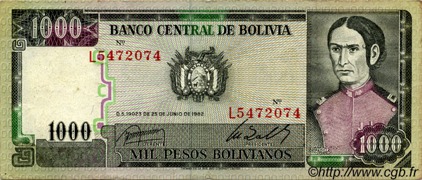 1000 Pesos Bolivianos BOLIVIA  1982 P.167a BC+
