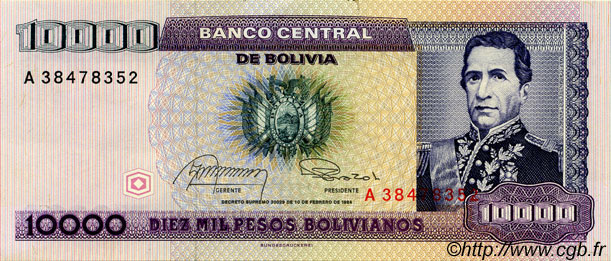 10000 Pesos Bolivianos BOLIVIEN  1984 P.169a fST