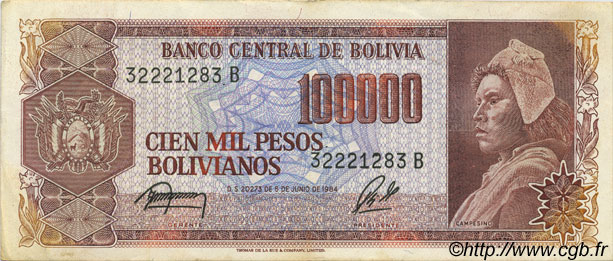 100000 Pesos Bolivianos BOLIVIA  1984 P.171a VF+