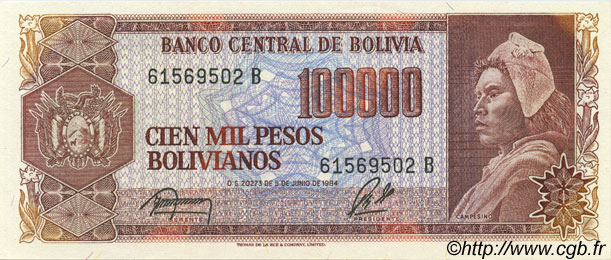 100000 Pesos Bolivianos BOLIVIA  1984 P.171a UNC