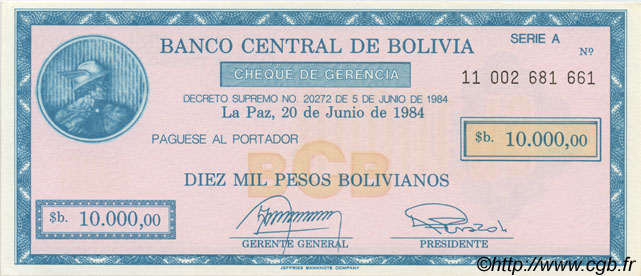 10000 Pesos Bolivianos BOLIVIA  1984 P.186 UNC