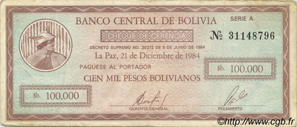100000 Pesos Bolivianos BOLIVIA  1984 P.188 MB