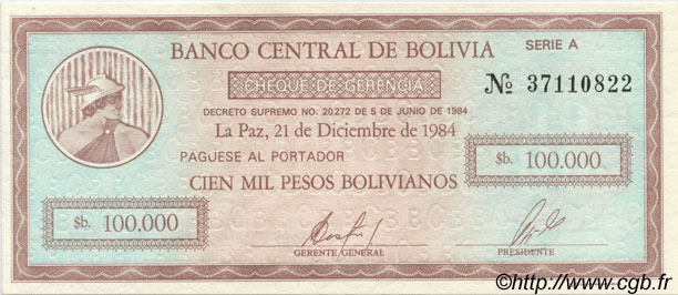 100000 Pesos Bolivianos BOLIVIEN  1984 P.188 ST