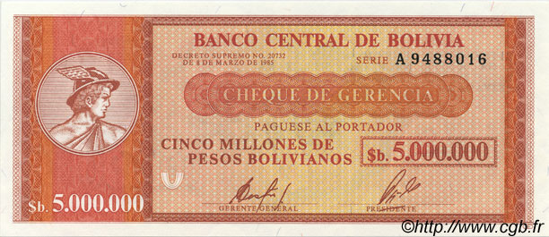 5000000 Pesos Bolivianos BOLIVIA  1985 P.191a SC+