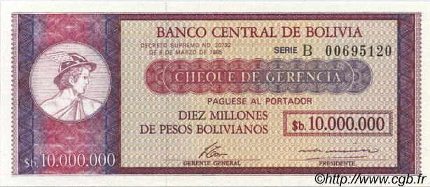 10000000 Pesos Bolivianos BOLIVIA  1985 P.192B UNC