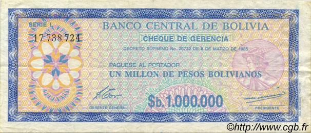 1000000 Pesos Bolivianos BOLIVIA  1985 P.192C VF