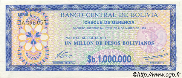 1000000 Pesos Bolivianos BOLIVIA  1985 P.192C AU