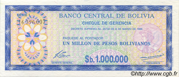 1000000 Pesos Bolivianos BOLIVIA  1985 P.192C FDC