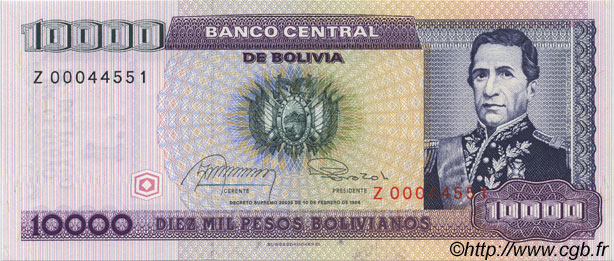 1 Centavo sur 10000 Pesos Bolivianos BOLIVIEN  1987 P.195 ST