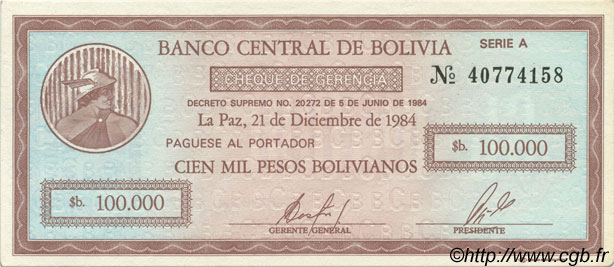 10 Centavos sur 100000 Pesos Bolivianos BOLIVIA  1987 P.197 SC+